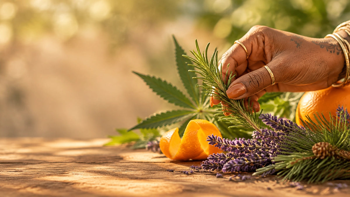 Orange peel, rosemary, lavender, pine needles, and hemp botanicals arranged in warm natural light