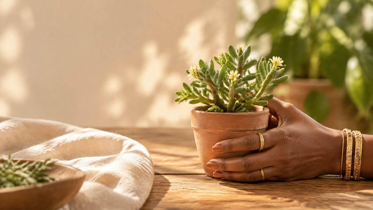 A warm deep brown-skinned hand tending a kanna succulent in a sunlit home setting