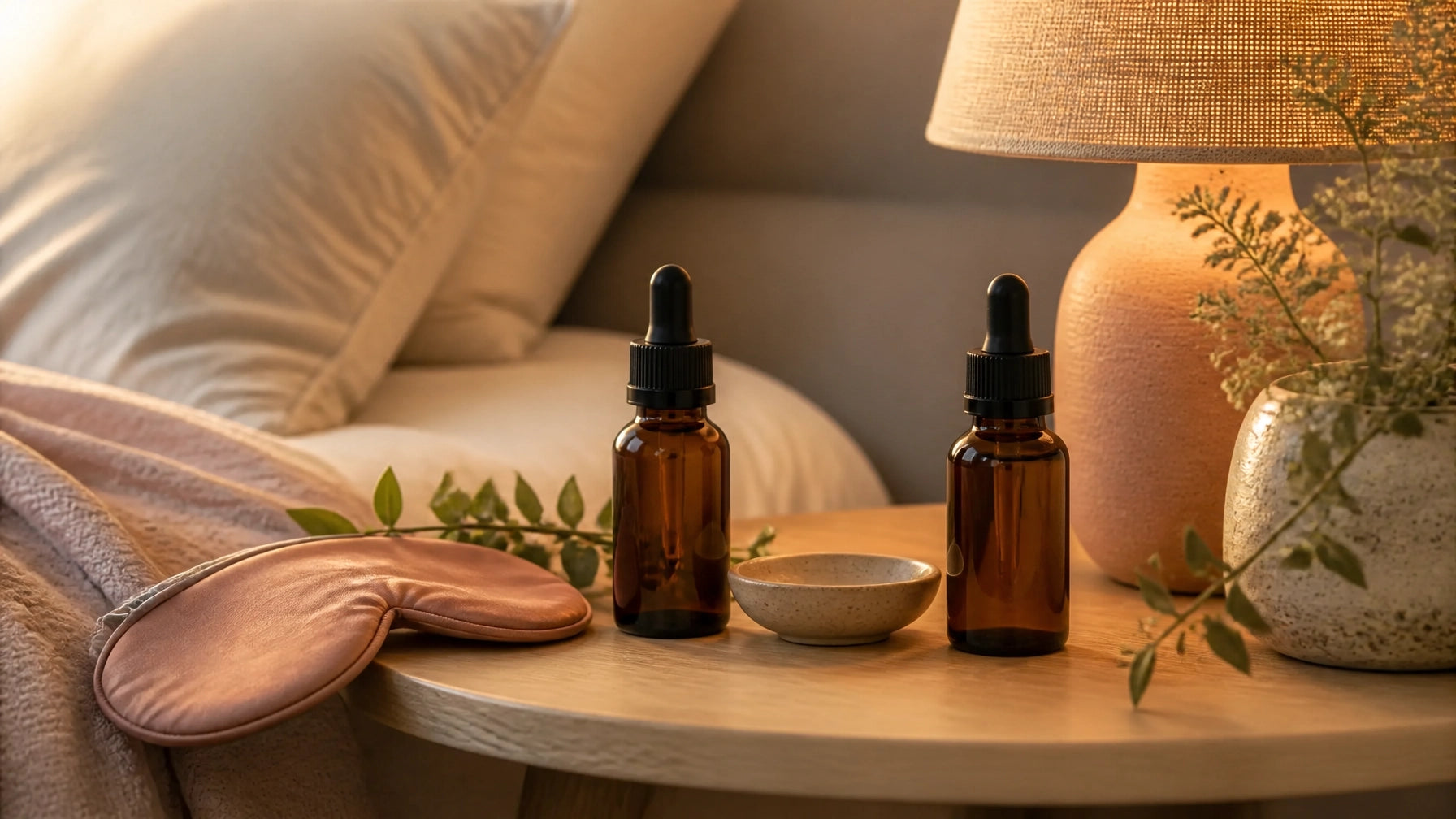 A calm nighttime bedside scene with two unbranded amber bottles, soft bedding, and warm peach-toned light