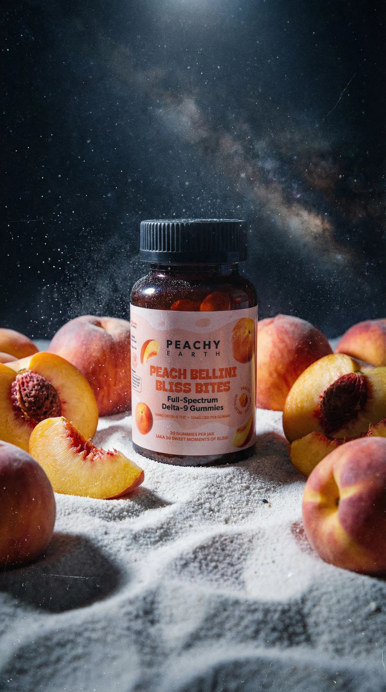Peachy Earth hemp gummies set against a starry night backdrop