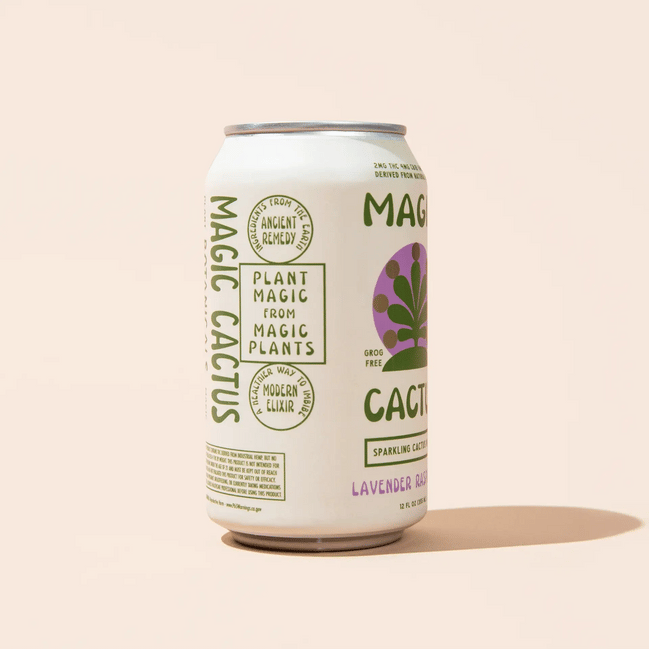 A can of Magic Cactus Elixir Drink with a green and white label, indicating it's a beverage made with hemp-derived cannabis.