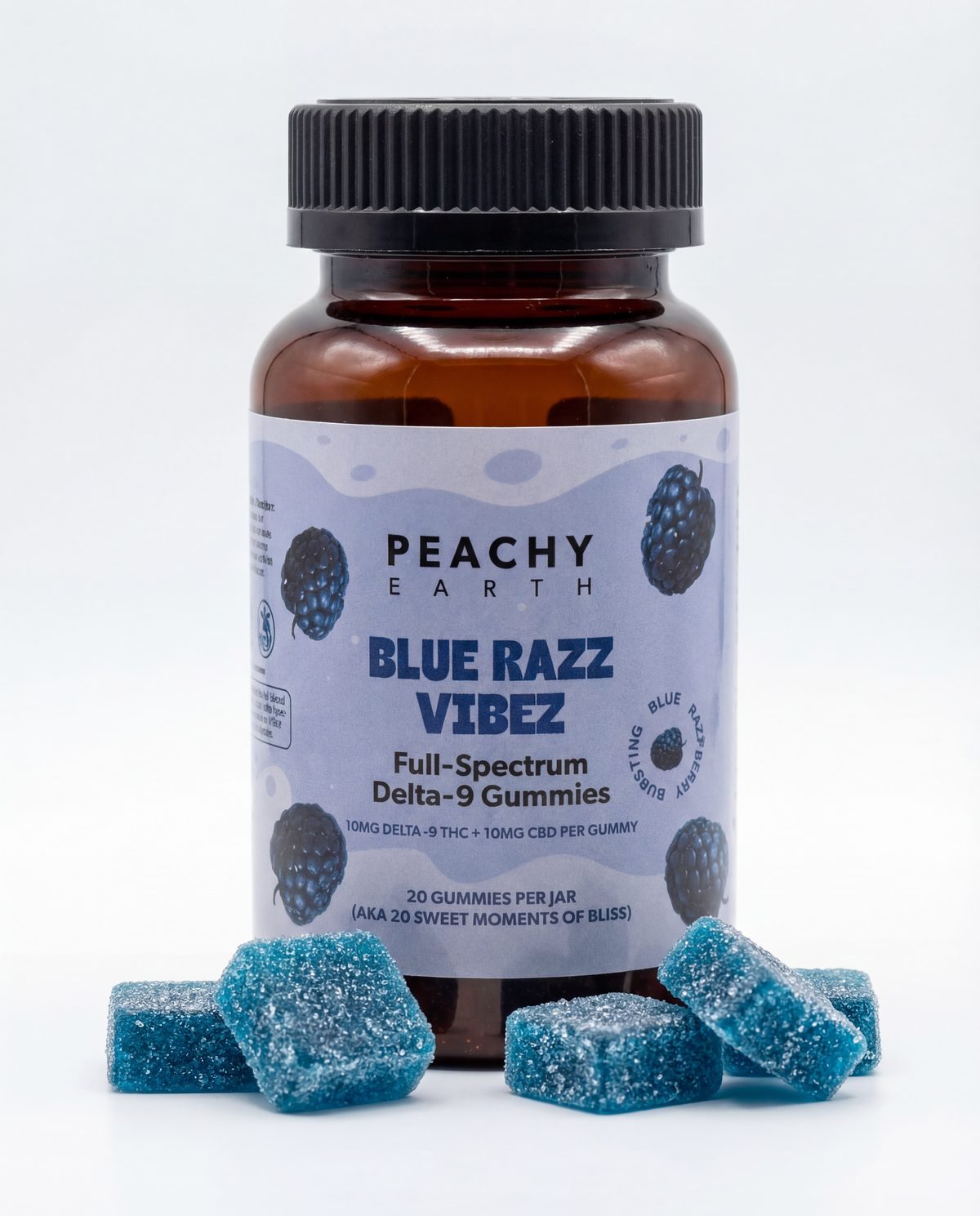 Peachy Earth Blue Razz Vibes gummy product with blue square gummies